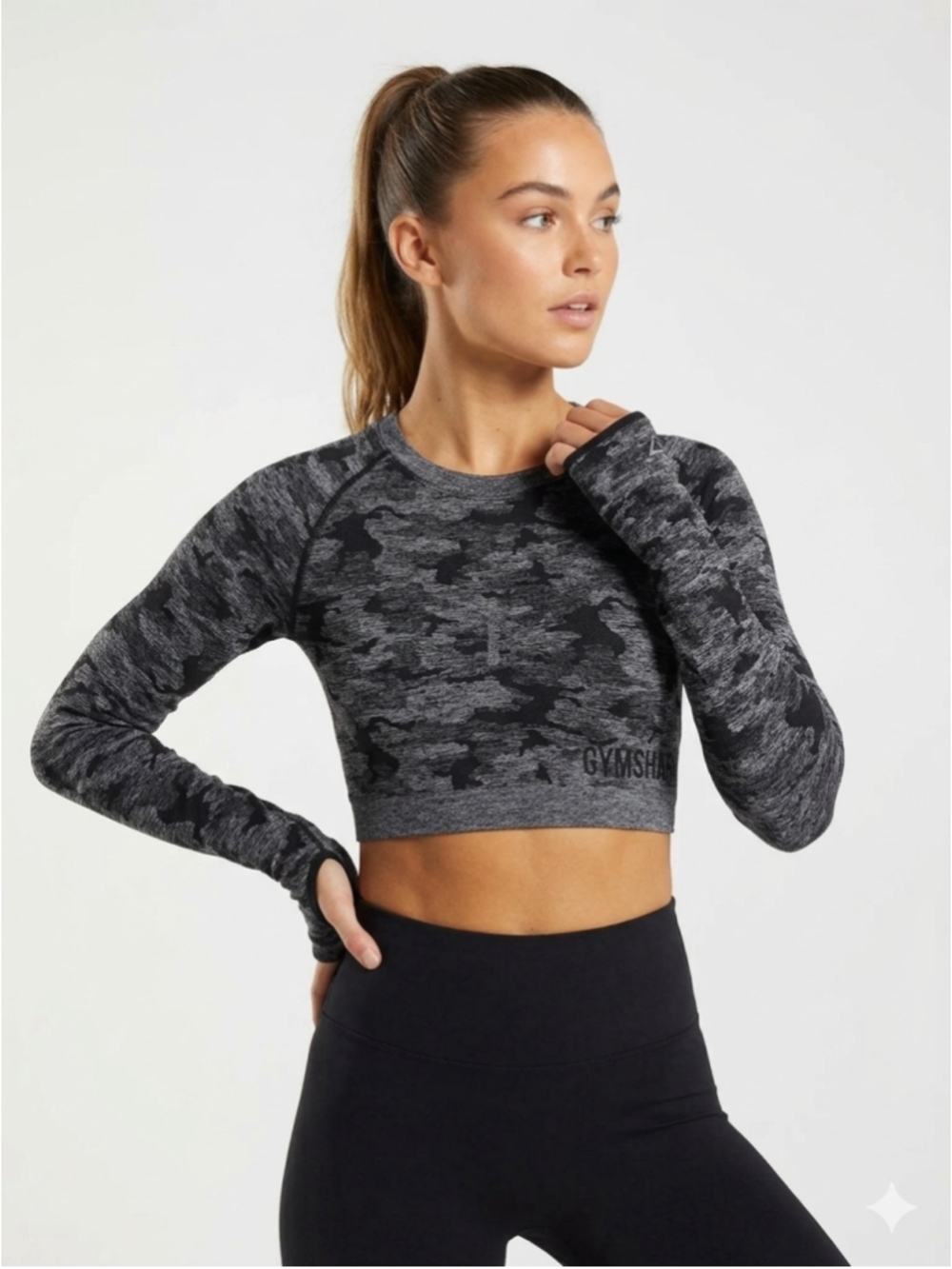 Womenβs Gymshark Adapt Camo Seamless Long Sleeve Crop Top Grey Small - 909